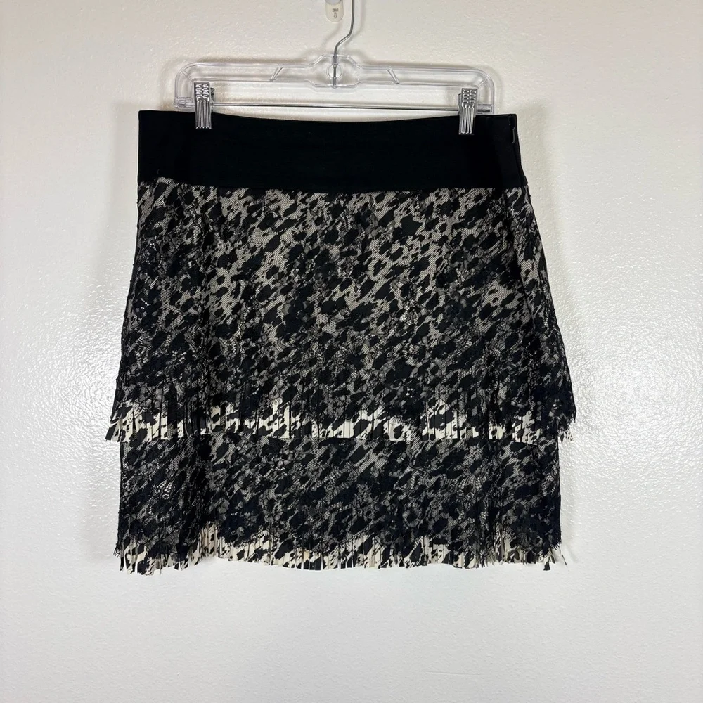 Ann Taylor Lace Overlay Skirt Size 12 Black Cream Pleated Lined Elegant
